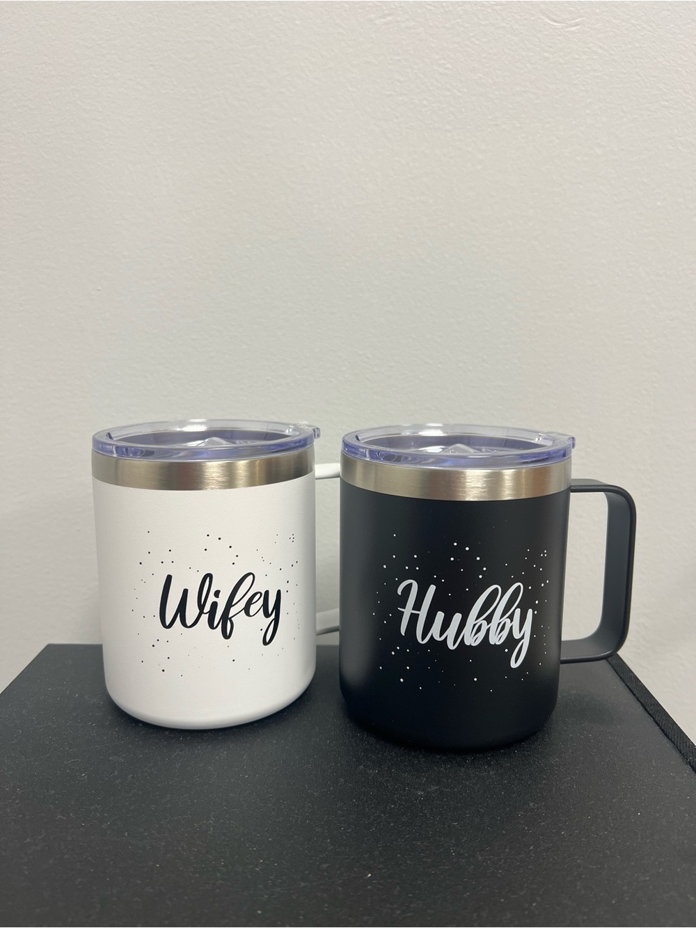 Wifey & Hubby Stainless Steel Insulated Coffee Mugs - White & Black Brand New